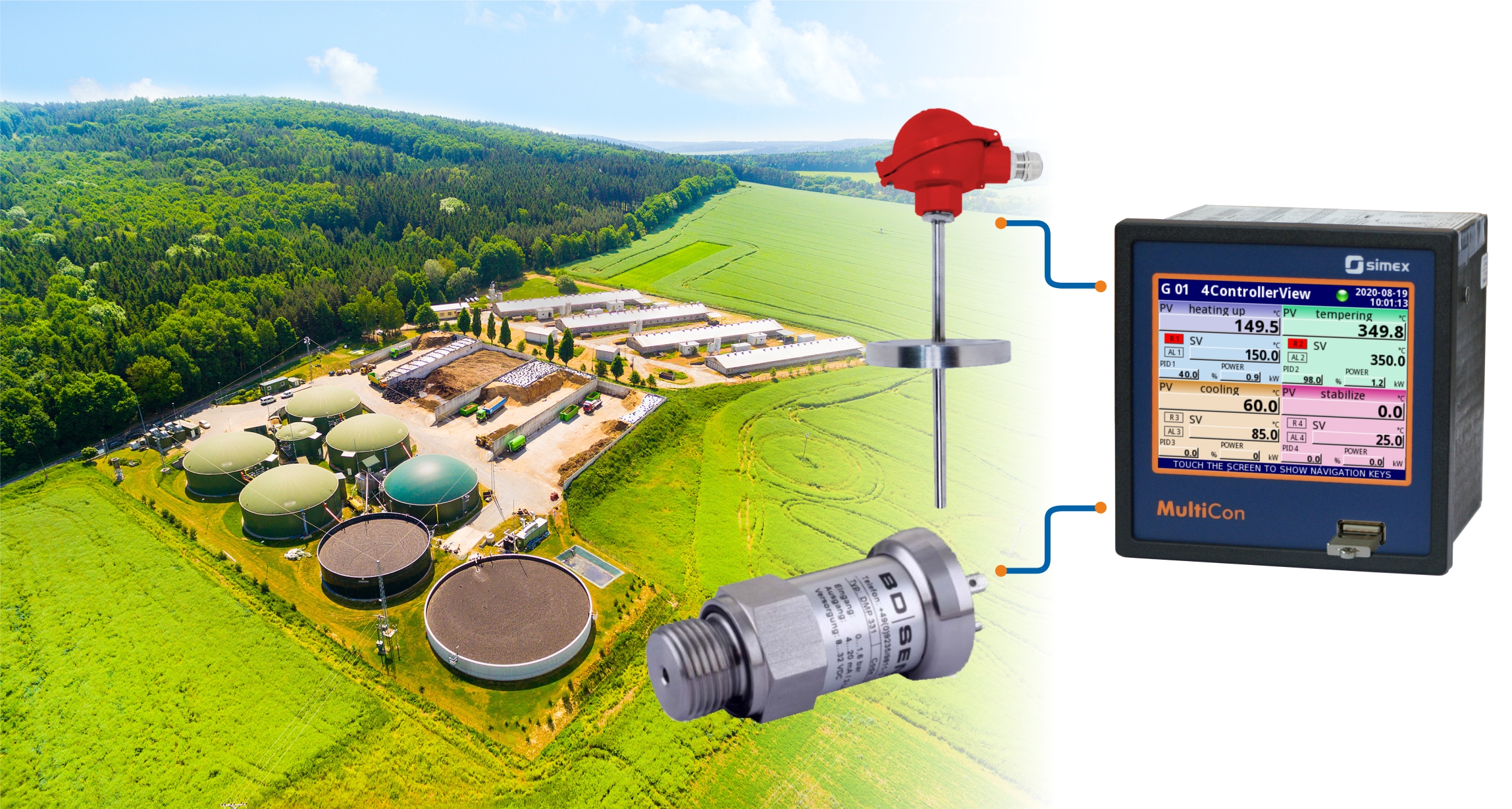 MultiCon CMC-141 as a recorder of measurements from temperature and pressure sensors in biogas plants